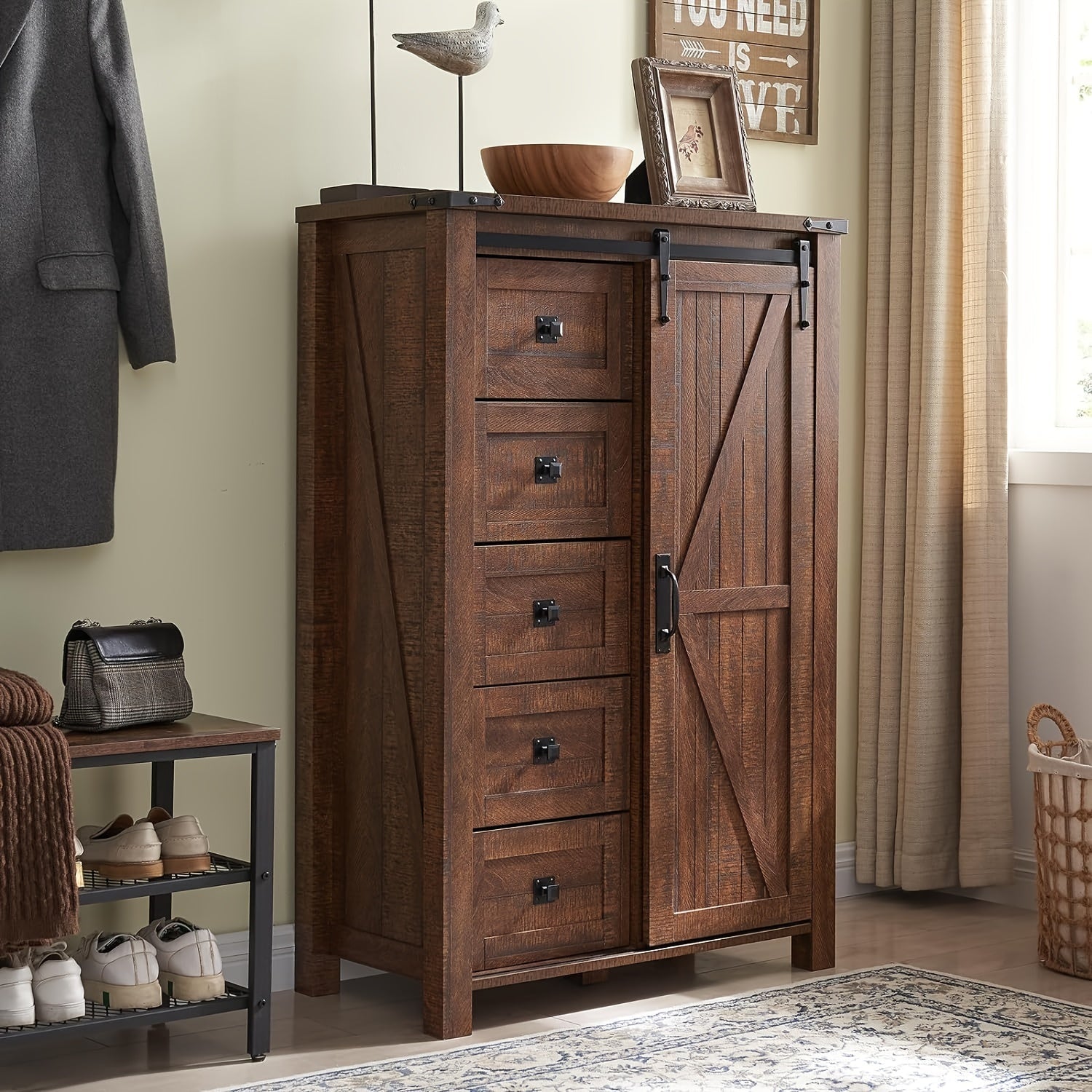 5 Drawers Dresser for Bedroom w/Sliding Barn Door Farmhouse Modern Tall Dresser 5 Chest of Drawers Storage Organizer