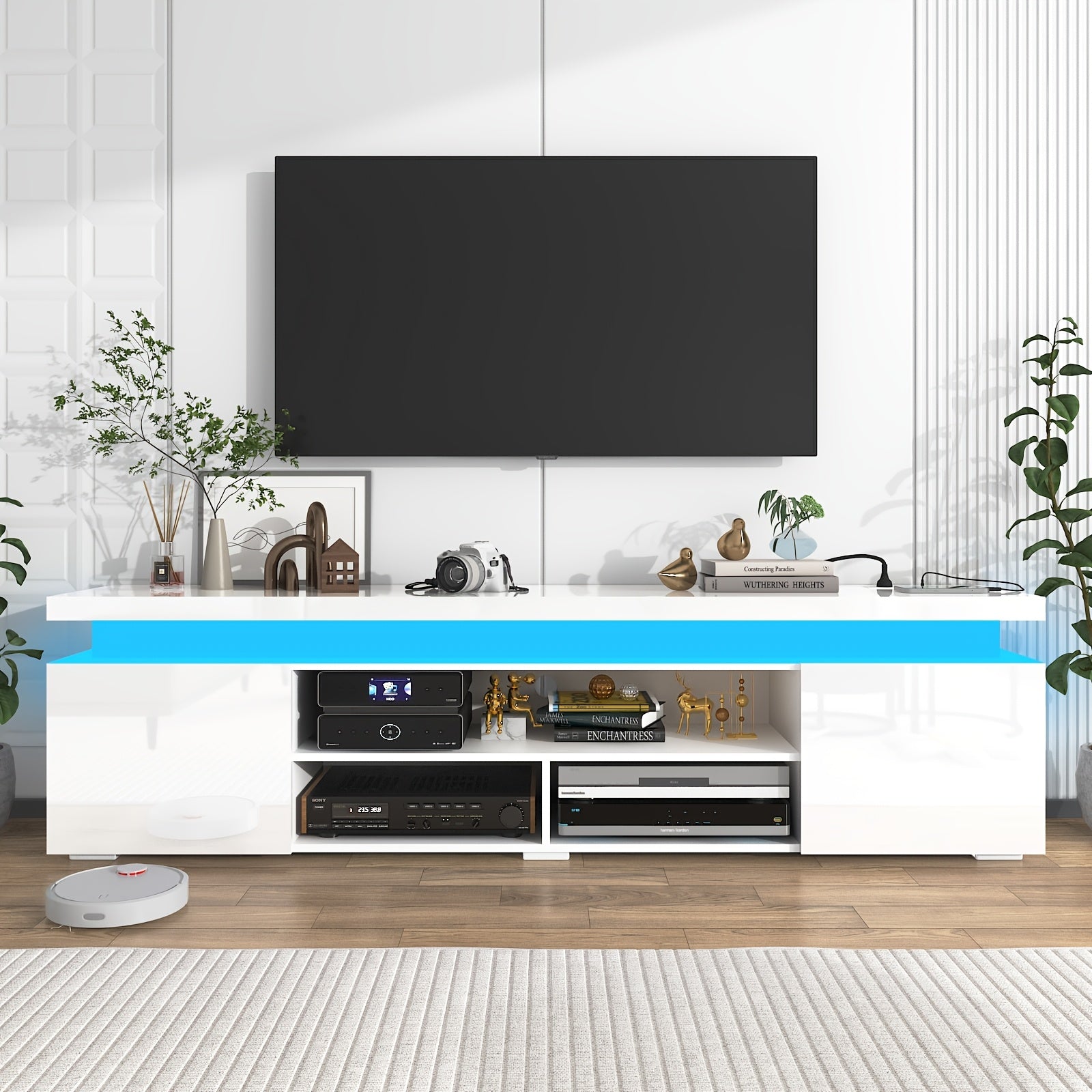 LED TV Stand For Up To 95" TVs, Modern Gaming TV Stand With Power Outlet, 83" High Gloss Large Entertainment Center Console Table Gaming Soundbar Shelf For Living Room