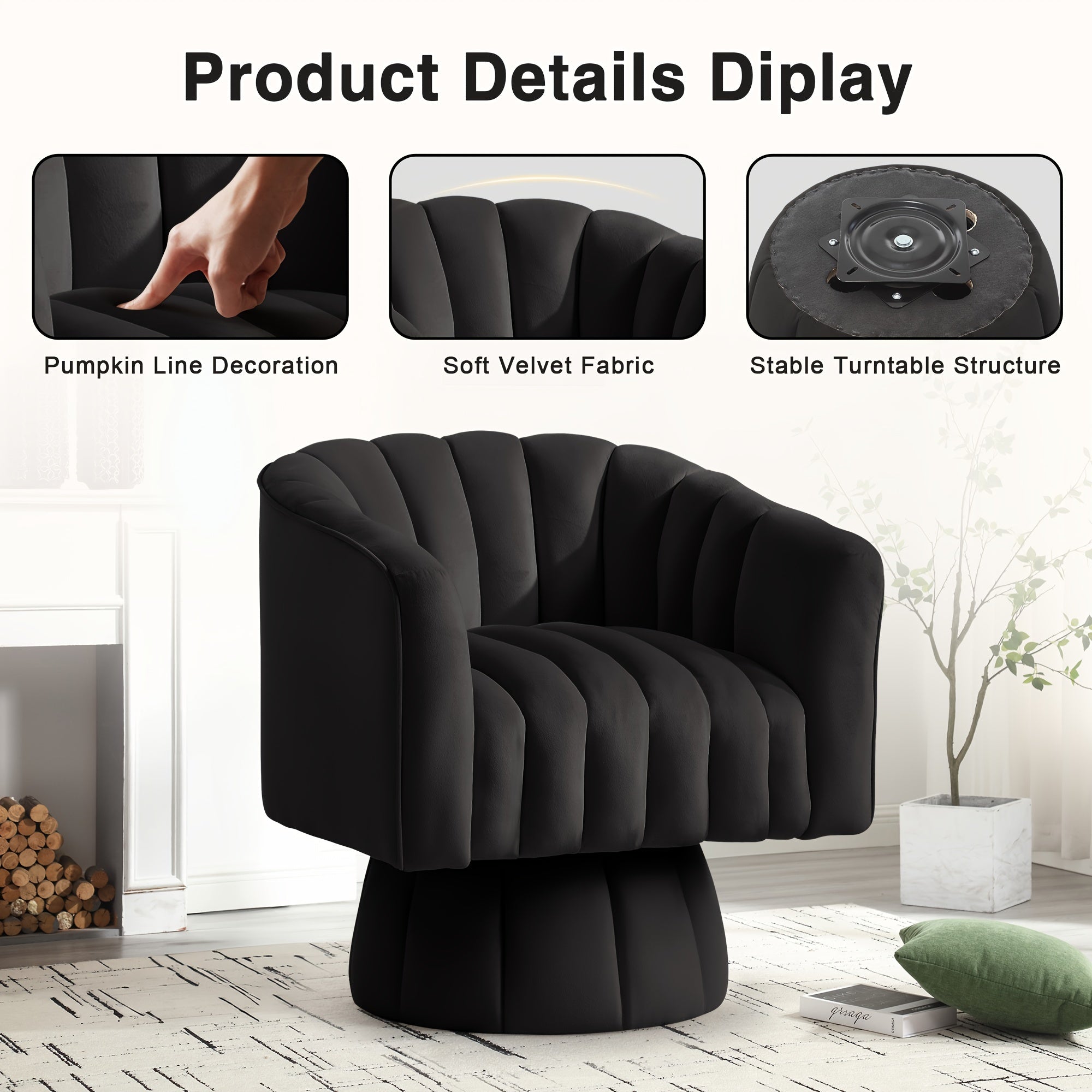 360°Swivel Mid-Century Chair, Small Space Barrel Chair With Thickened Seat Cushion, Velvet Fabric Accent Armchair For Living Room, Bedroom, Office