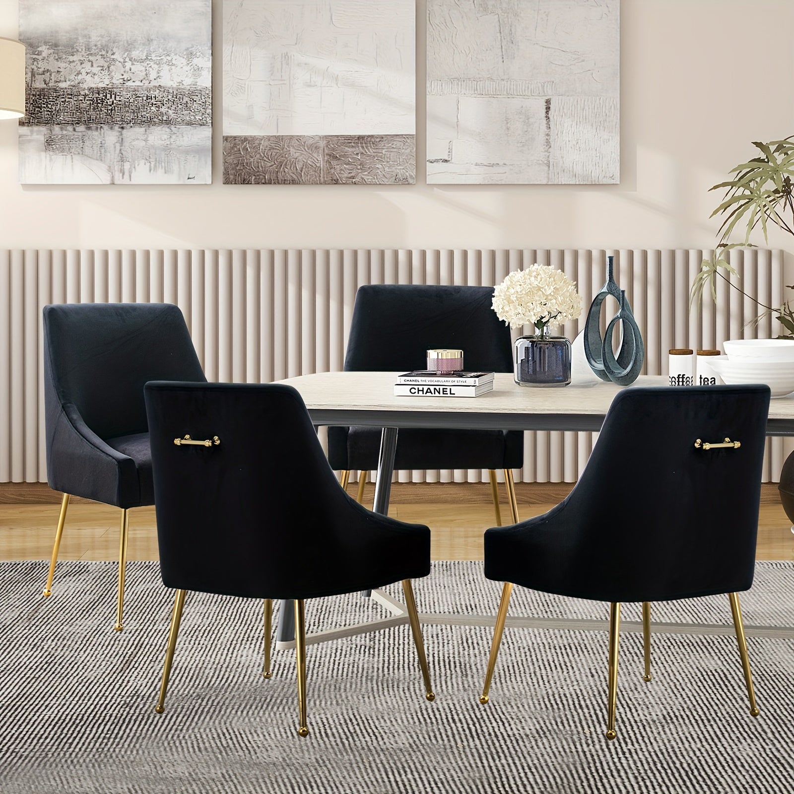 Black Dining Chairs Set Of 4 Upholstered Velvet Mid-Century Modern Kitchen Chairs With Golden Legs