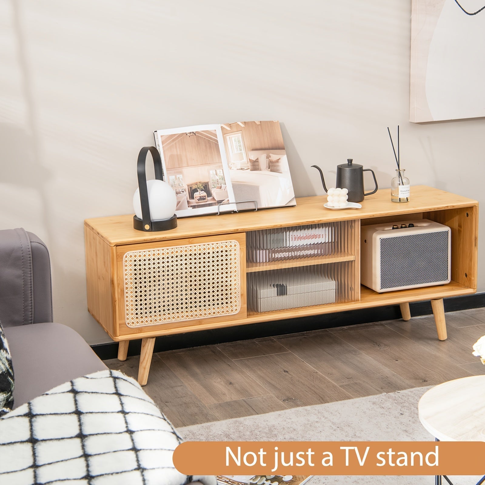 1pc Modern TV Stand, Entertainment Center Media Console W/Rattan Glass Sliding Doors