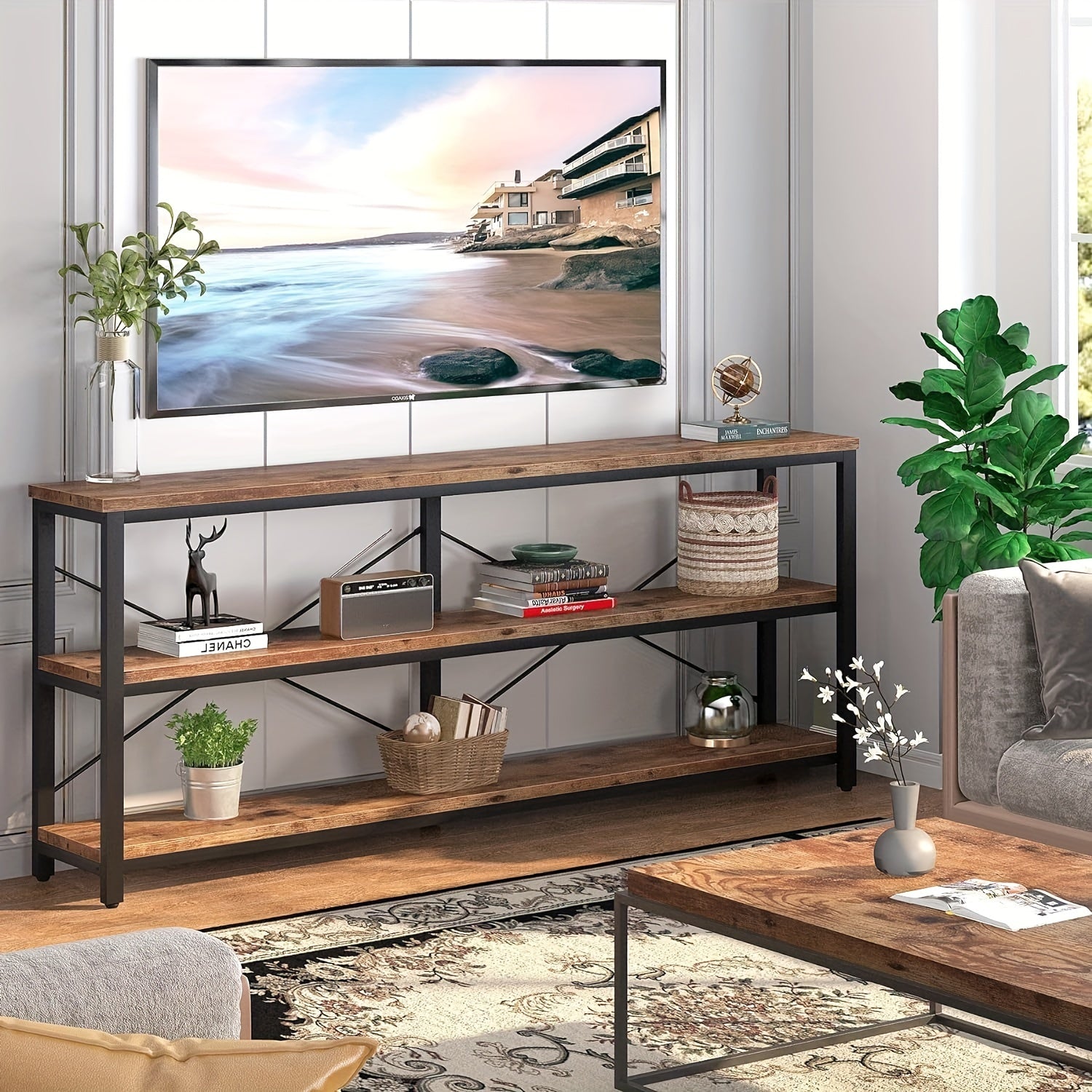 Extra Long Console Table, 3-Tier Narrow Sofa Table with Metal Frame and X-Shaped Support for Living Room and Hallway