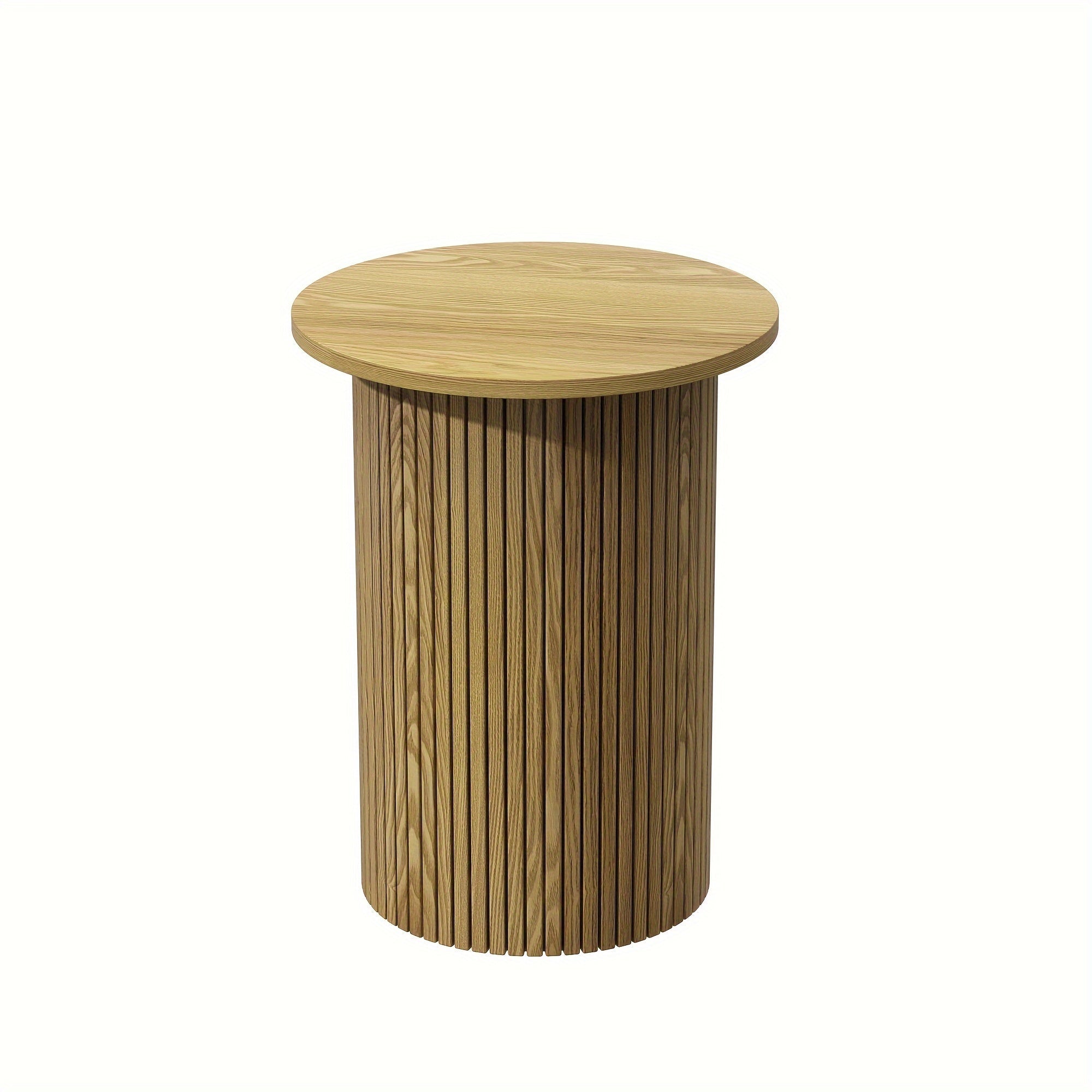 Round Fluted End Table, Small Accent Pedestal Nightstand For Living Room & Bedroom, Modern Wood Bedside Table With Natural Finish