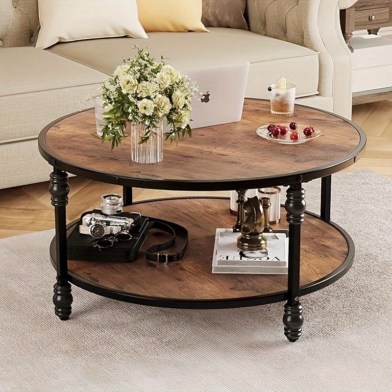 Round Coffee Table for Living Room Rustic Center Table with Storage Shelf Wood Circle Coffee Table with Sturdy Metal Legs, Easy Assembly