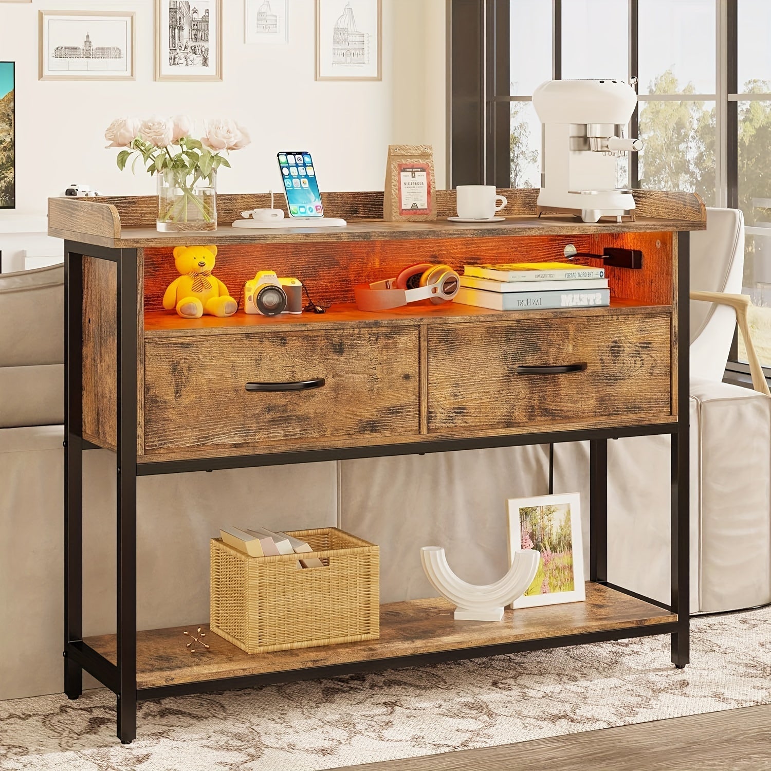 Vintage Brown Entryway Console Table with Power Outlet, LED Light, 2 Fabric Drawers & Storage Shelves