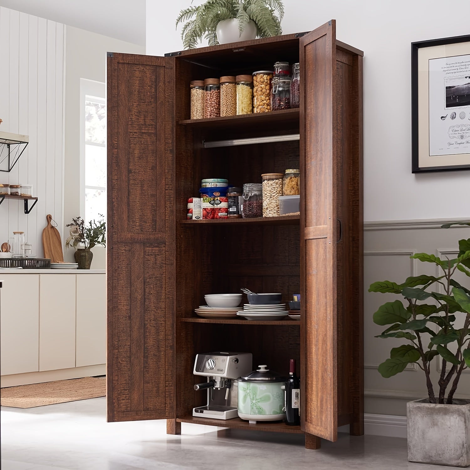 Versatile Storage For Kitchen, Bathroom, Laundry, Or Utility Room, Storage Cabinet, 32'' Farmhouse Armoire W/Adjustable Shelves, Rustic Pantry W/2 Barn Doors & Hanging Rod