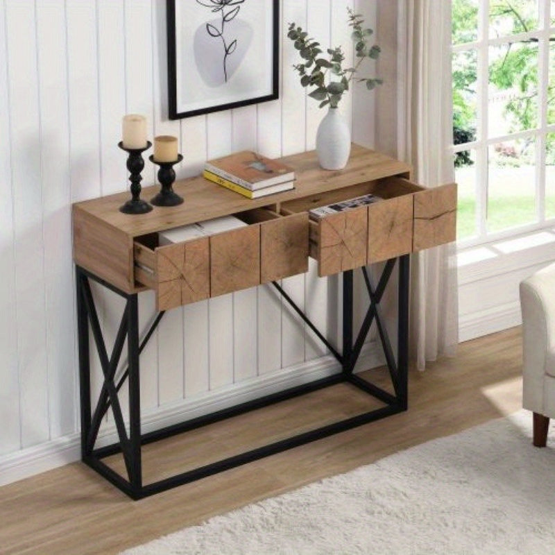 1pc 43.31'' Luxury Wood Sofa Table, Industrial Console Table For Entryway, Hallway Tables With Two Drawers For Living Room