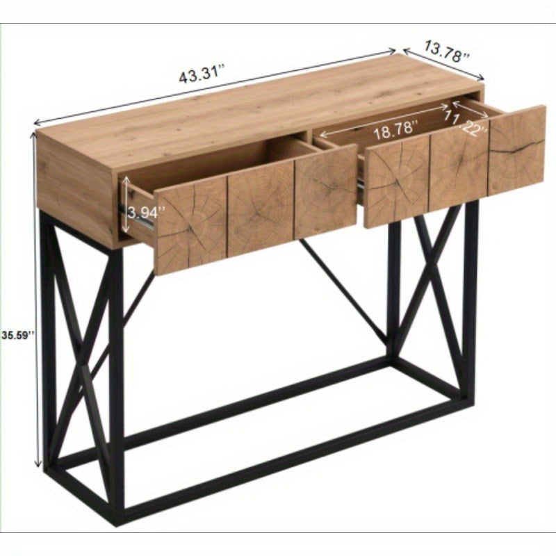 1pc 43.31'' Luxury Wood Sofa Table, Industrial Console Table For Entryway, Hallway Tables With Two Drawers For Living Room