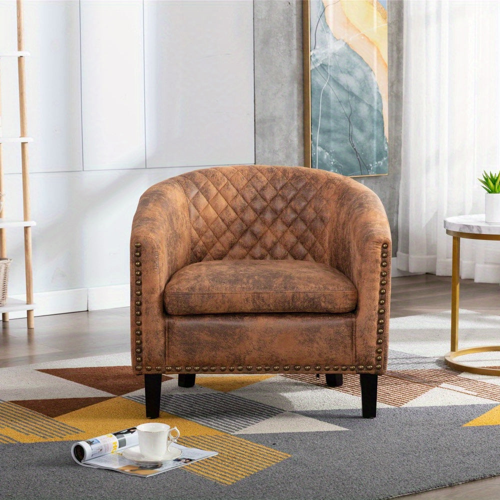 Accent Barrel Chair Living Room Chair with Nailheads and Solid Wood Legs  Light  Coffee Microfiber Fabric