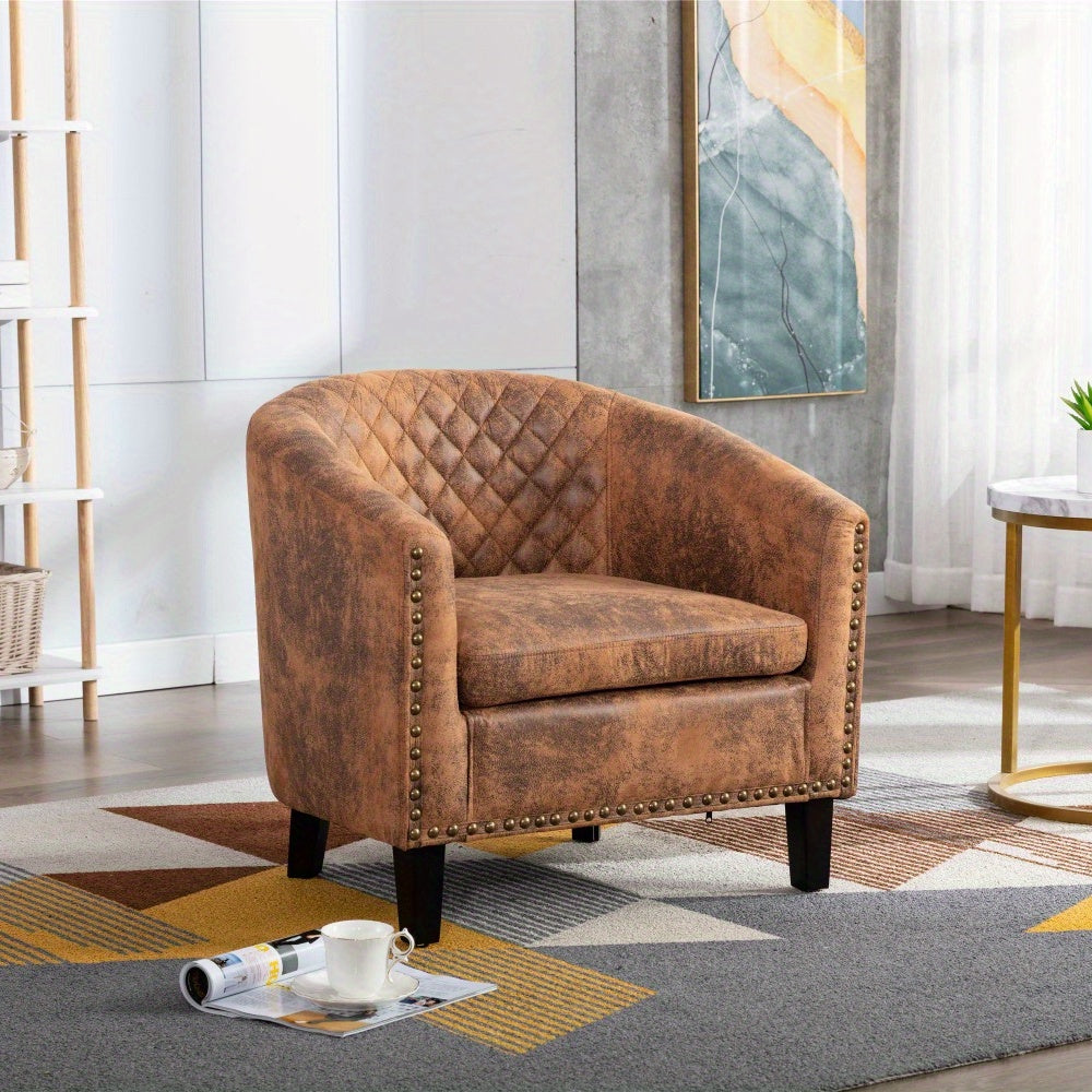 Accent Barrel Chair Living Room Chair with Nailheads and Solid Wood Legs  Light  Coffee Microfiber Fabric