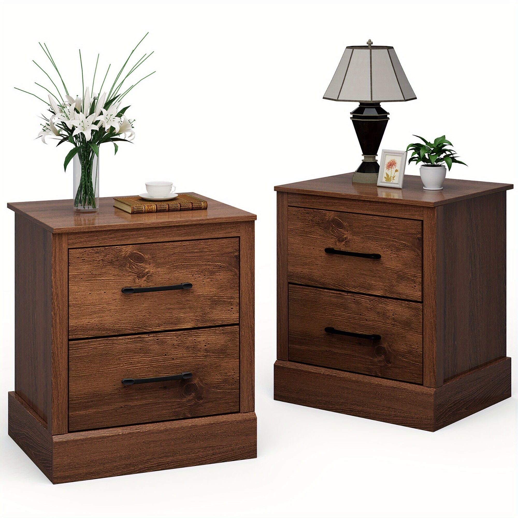 Set of 2 Drawer Nightstand Bedside Table Compact Sofa End Table Rustic Walnut