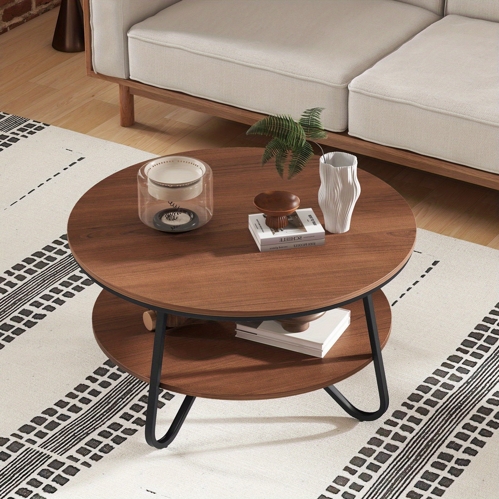 2-Tier Round Coffee Table with Wood Grain Finish & Heavy-duty Metal Frame