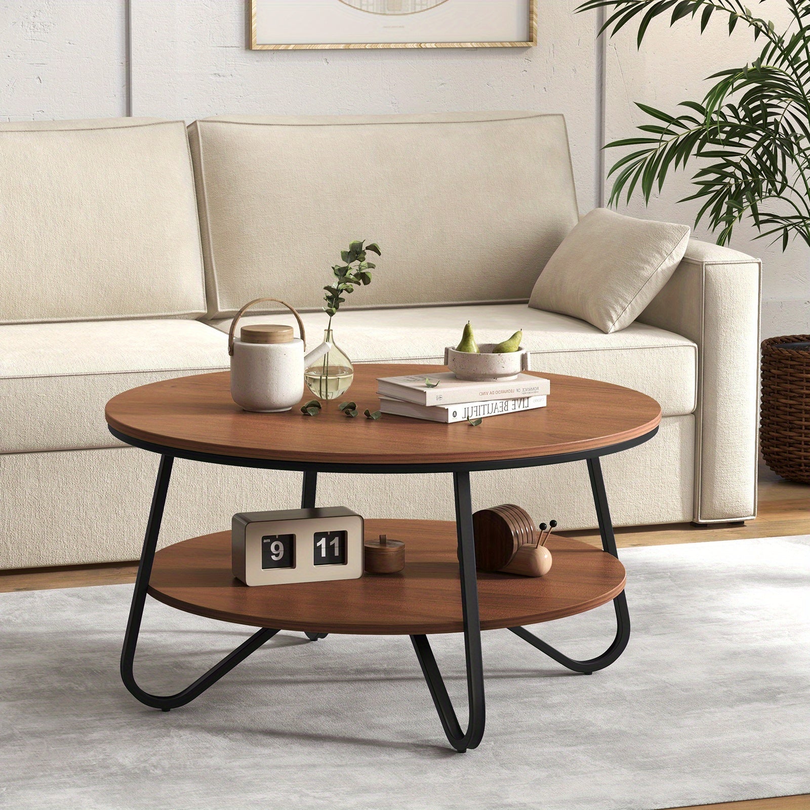 2-Tier Round Coffee Table with Wood Grain Finish & Heavy-duty Metal Frame