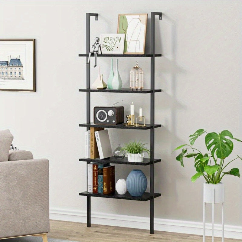 Bookshelf 5 Tier Tall Bookcase Shelf Book Case Wood Industrial Rustic Standing Bookshelves with Storage Hooks Modern