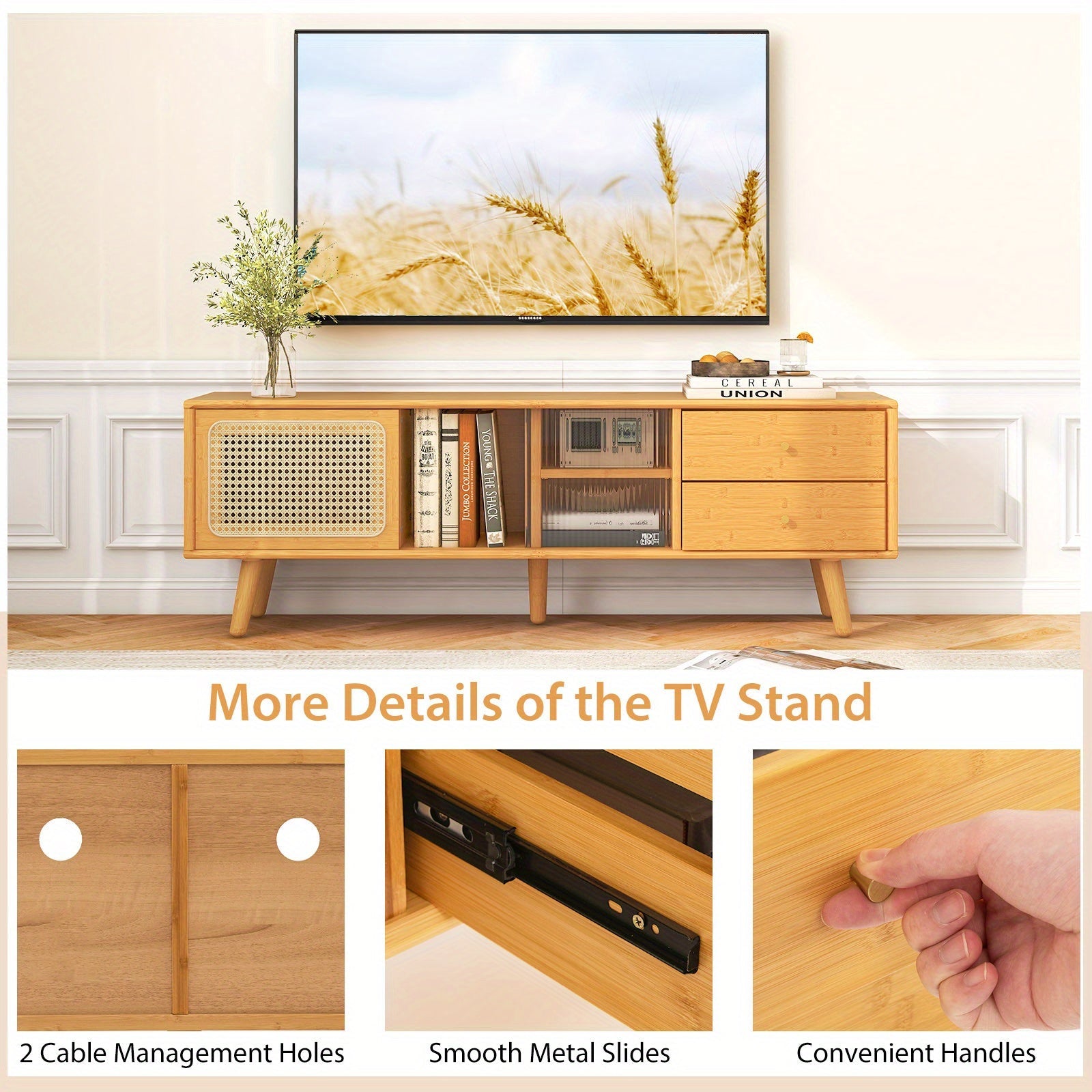 Bamboo TV Stand Console Table w/ PE Rattan  Door & 2 Drawers for TV up to 65"