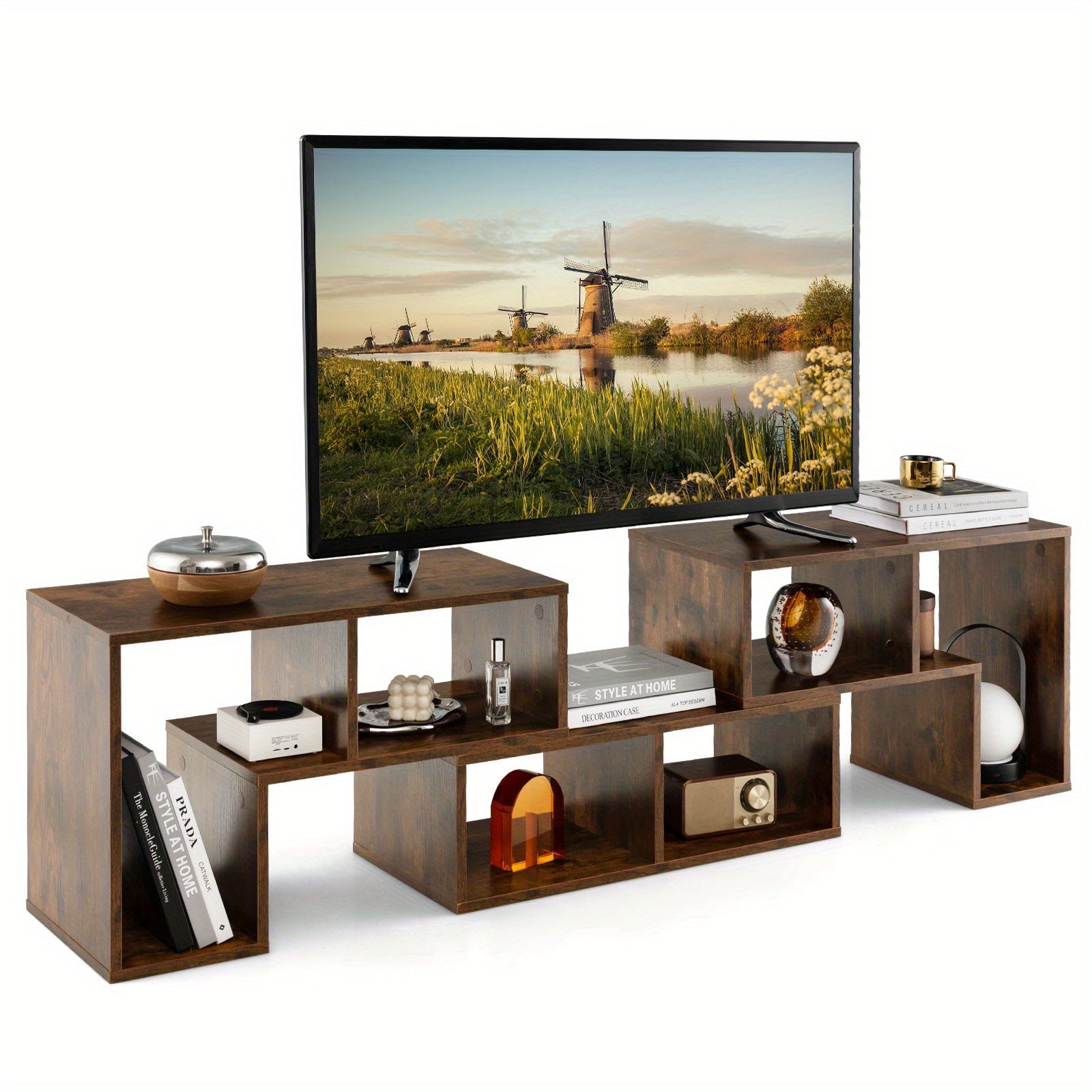 3 Pieces TV Console Stand Modern Entertainment Center Storage Bookcase Brown