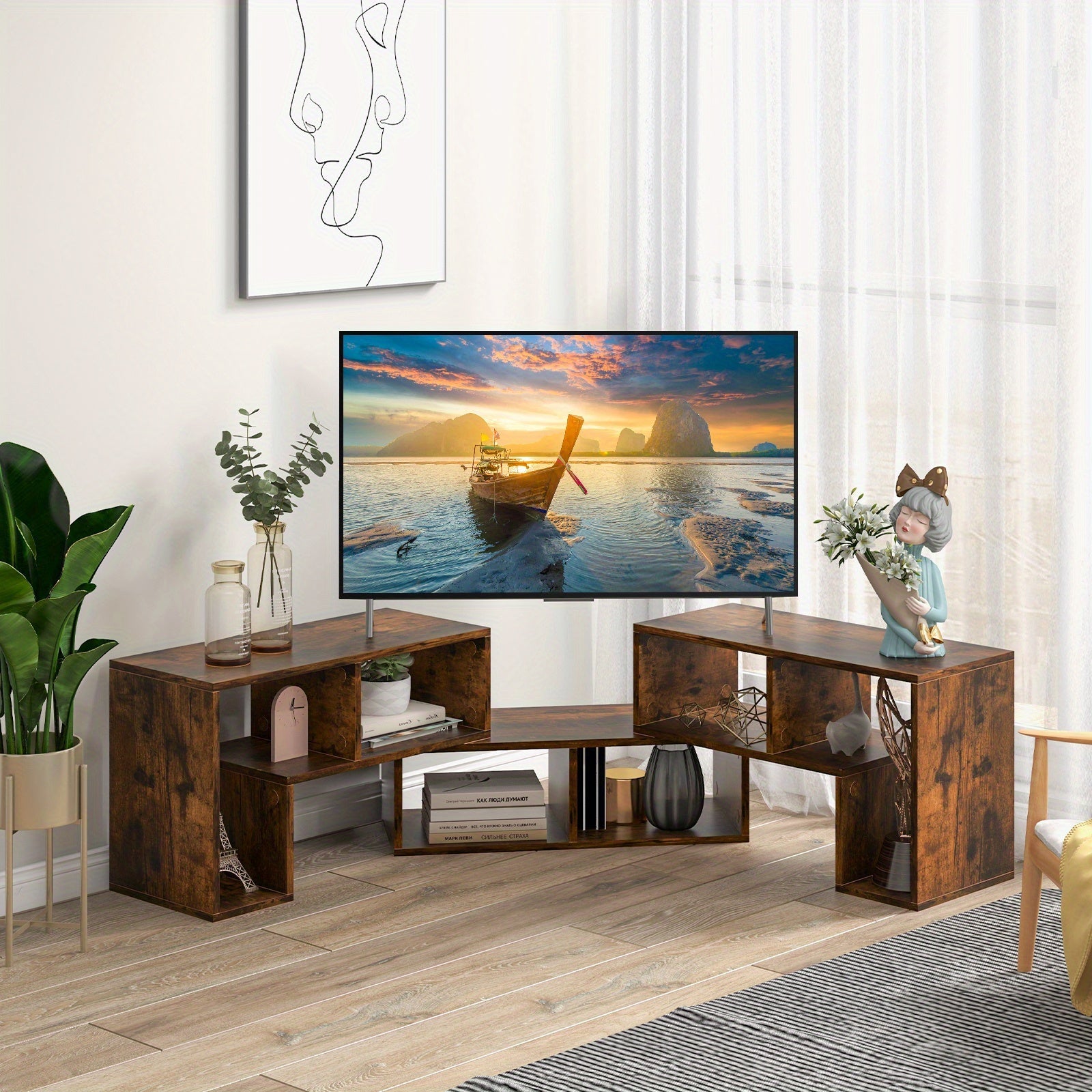 3 Pieces TV Console Stand Modern Entertainment Center Storage Bookcase Brown