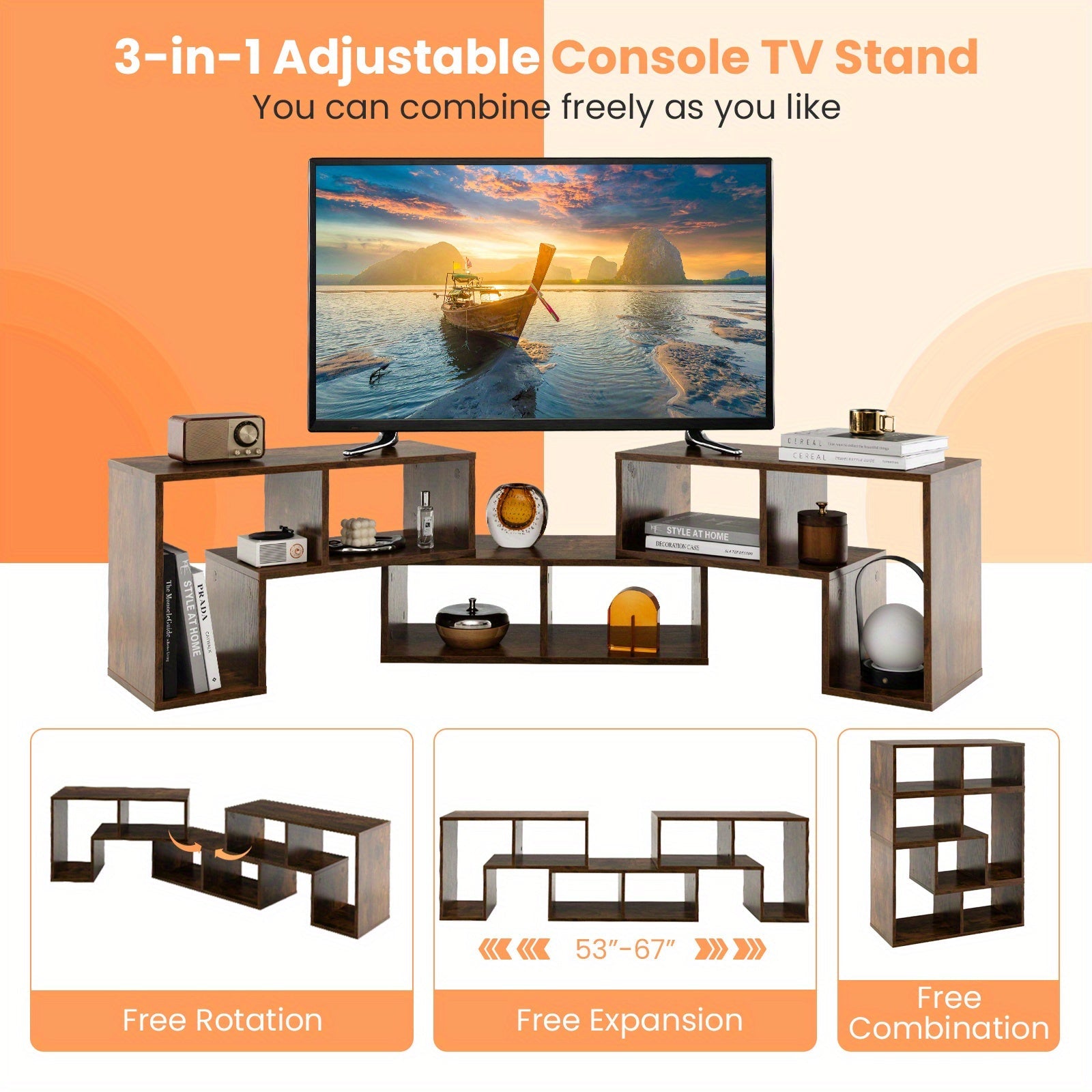 3 Pieces TV Console Stand Modern Entertainment Center Storage Bookcase Brown