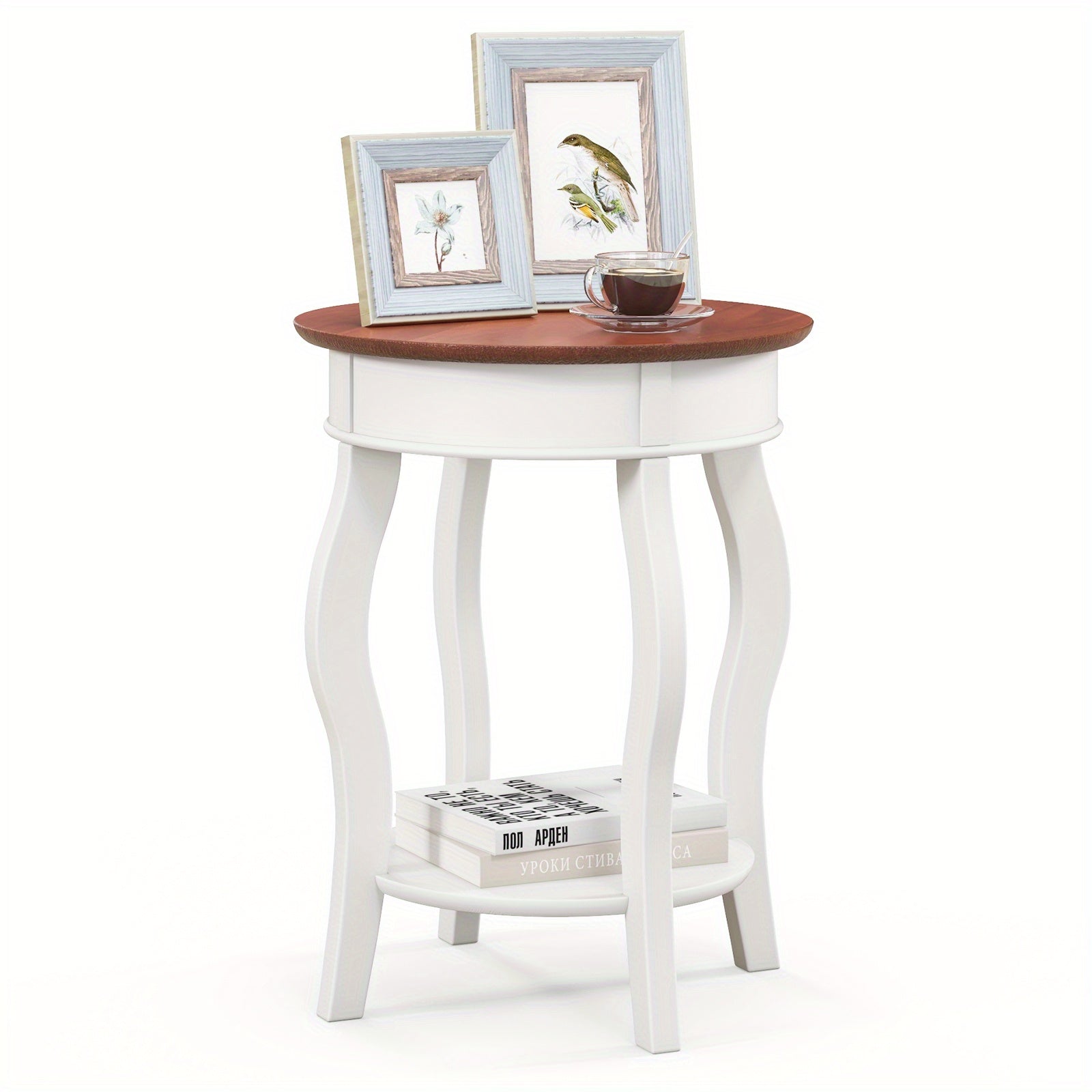 Costway 2-Tier Side Table w/ Storage Wooden Nightstand w/Shelf & Solid Rubber Wood Legs, 1 Piece