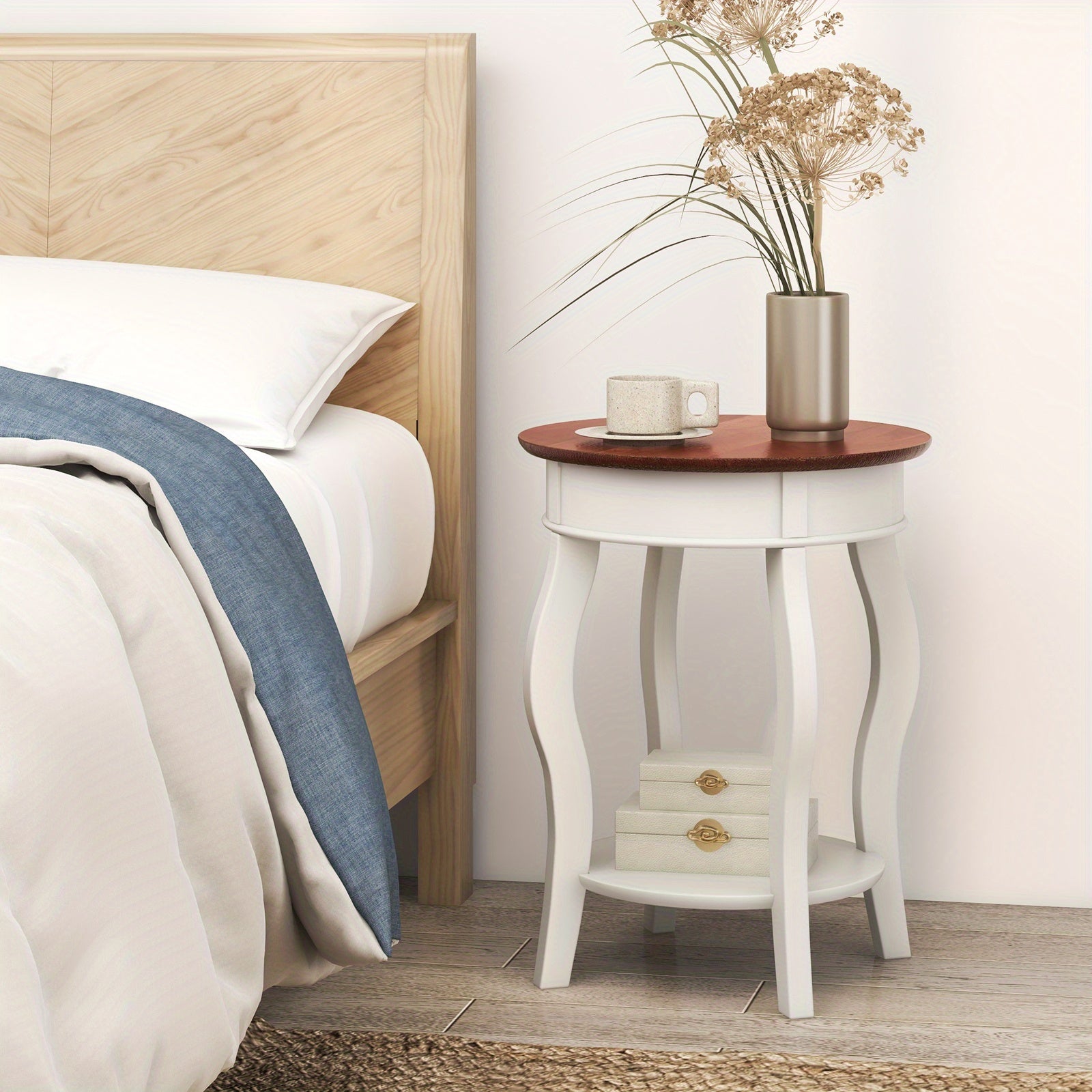 Costway 2-Tier Side Table w/ Storage Wooden Nightstand w/Shelf & Solid Rubber Wood Legs, 1 Piece