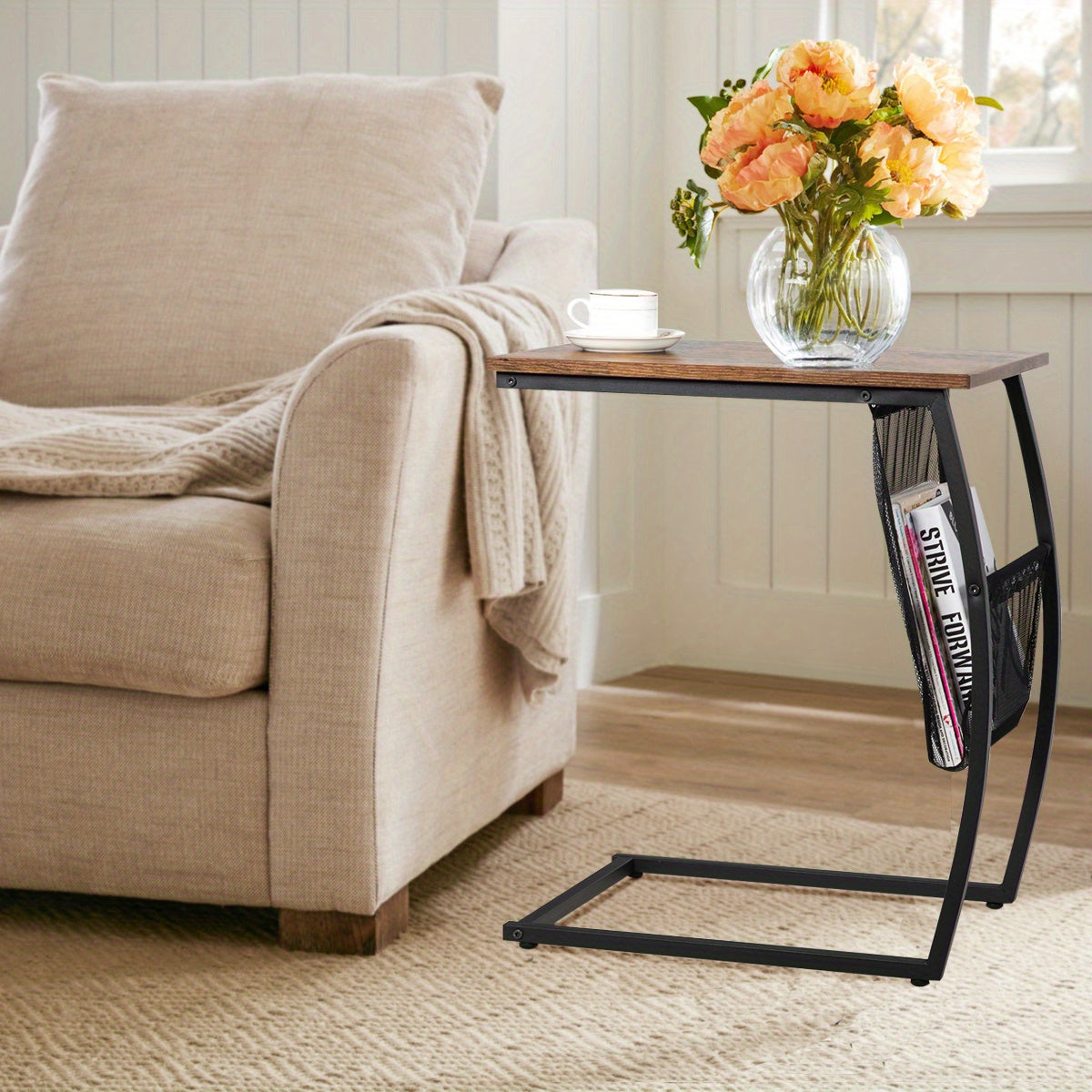 C-shaped End Side Sofa Table Vintage Accent Snack Laptop Tablet w/ Side Pocket, 1 Piece