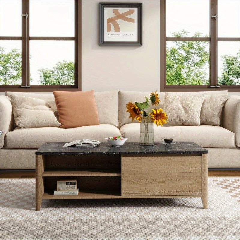 47 Inch  Modern Farmhouse Double Drawer Coffee Table for Living Room or Office, Tobacco Wood and Marble Texture