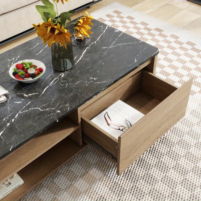 47 Inch  Modern Farmhouse Double Drawer Coffee Table for Living Room or Office, Tobacco Wood and Marble Texture