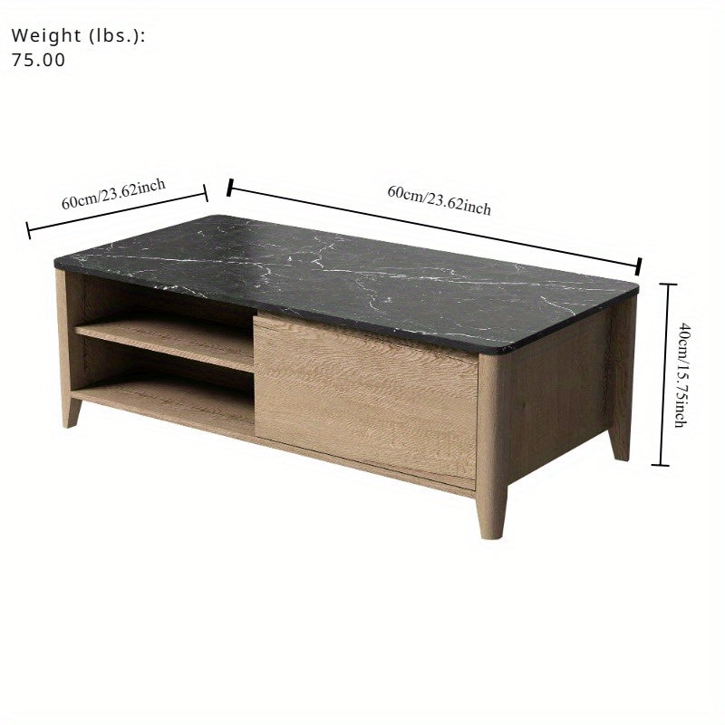 47 Inch  Modern Farmhouse Double Drawer Coffee Table for Living Room or Office, Tobacco Wood and Marble Texture