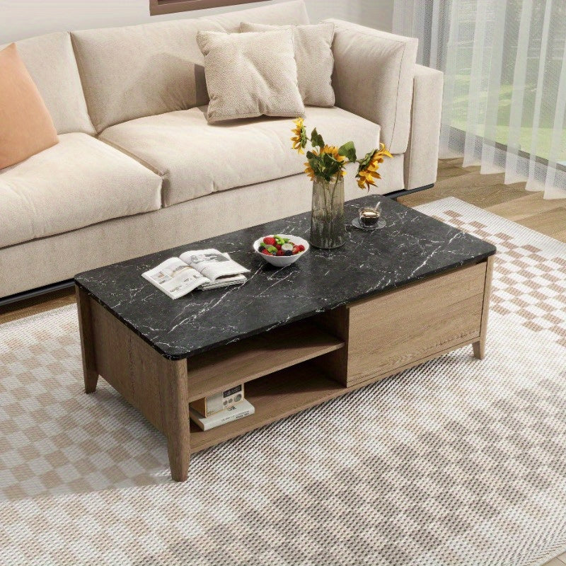 47 Inch  Modern Farmhouse Double Drawer Coffee Table for Living Room or Office, Tobacco Wood and Marble Texture