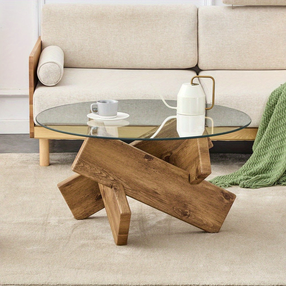 86cm Round Coffee Table, Modern Coffee Table with Tempered Glass Tabletop Suitable for Living Room