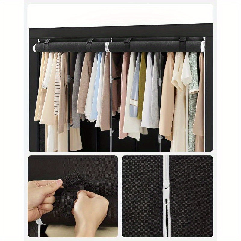 1pc Portable Wardrobe Closet Organizer with Cover, 4 Hanging Rods and Shelves, 4 Side Pockets, Metal Material, Lacquered Finish, Large Capacity for Bedroom, Living Room, Clothes Organizer Storage, SONGMICS