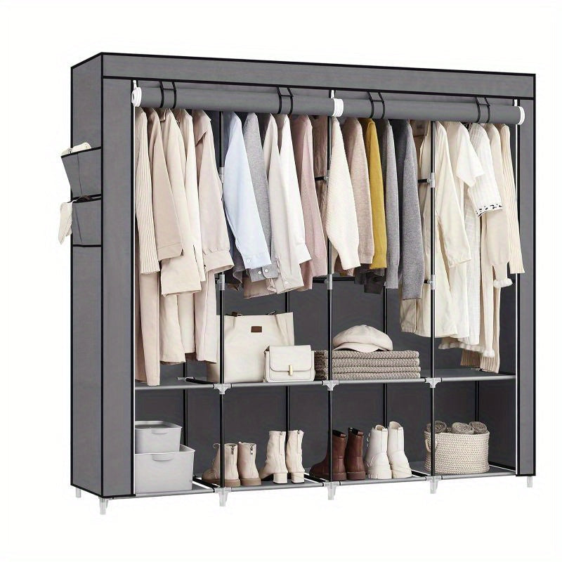 1pc Portable Wardrobe Closet Organizer with Cover, 4 Hanging Rods and Shelves, 4 Side Pockets, Metal Material, Lacquered Finish, Large Capacity for Bedroom, Living Room, Clothes Organizer Storage, SONGMICS