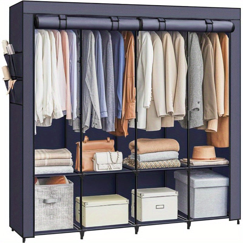 1pc Portable Wardrobe Closet Organizer with Cover, 4 Hanging Rods and Shelves, 4 Side Pockets, Metal Material, Lacquered Finish, Large Capacity for Bedroom, Living Room, Clothes Organizer Storage, SONGMICS