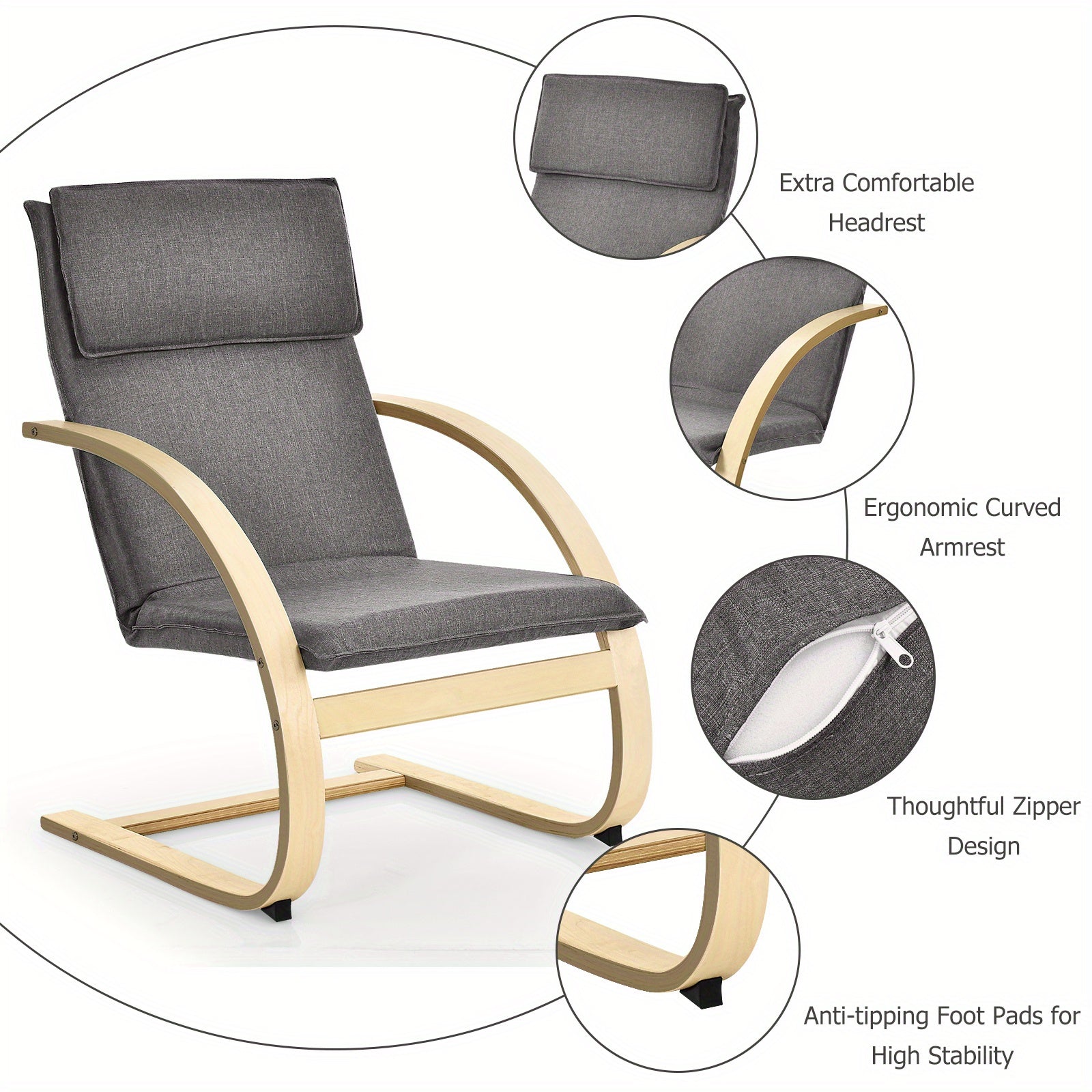 Modern Bentwood Lounge Chair Fabric Upholstered Accent Leisure Armchair Gray