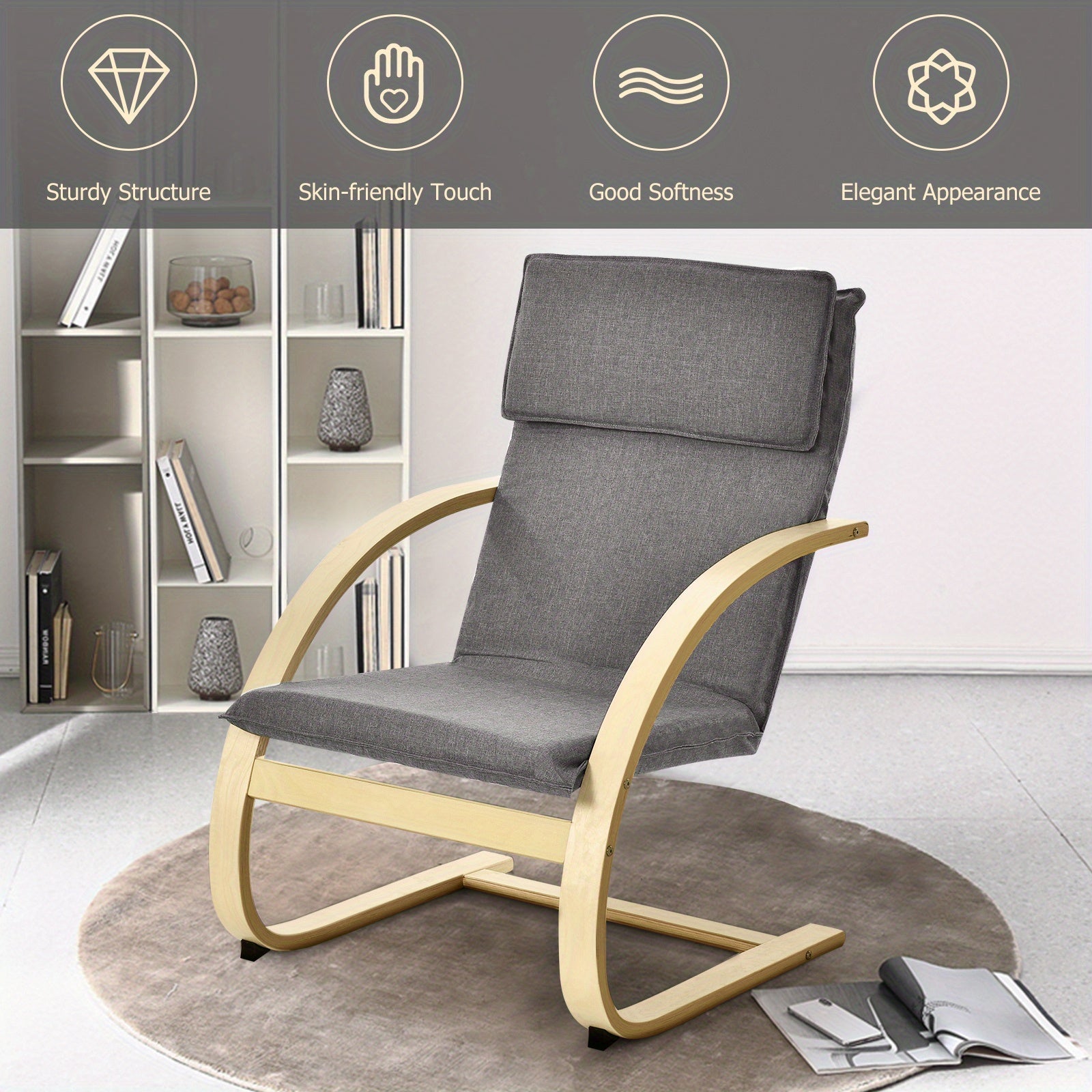 Modern Bentwood Lounge Chair Fabric Upholstered Accent Leisure Armchair Gray