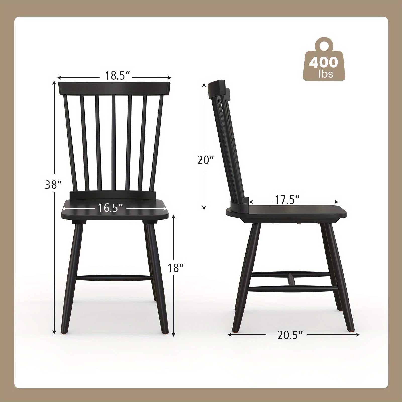 Windsor Dining Chairs Set of 2 Armless Spindle Back Solid Rubber Wood Black