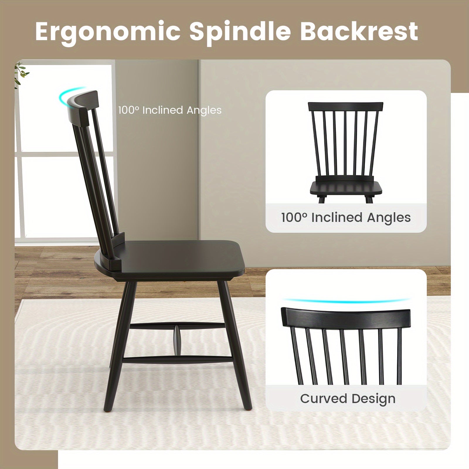 Windsor Dining Chairs Set of 2 Armless Spindle Back Solid Rubber Wood Black