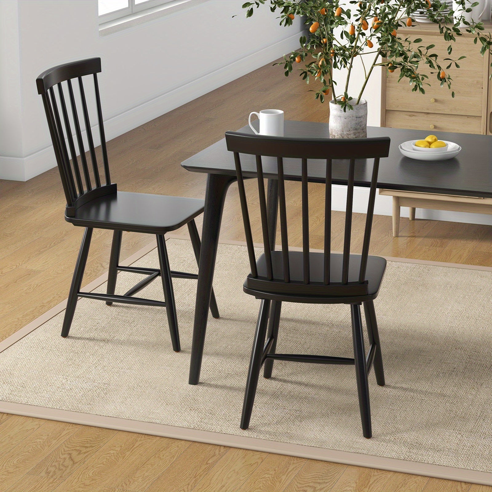 Windsor Dining Chairs Set of 2 Armless Spindle Back Solid Rubber Wood Black