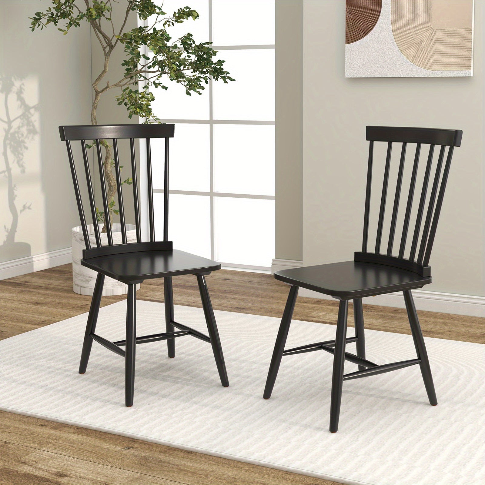 Windsor Dining Chairs Set of 2 Armless Spindle Back Solid Rubber Wood Black