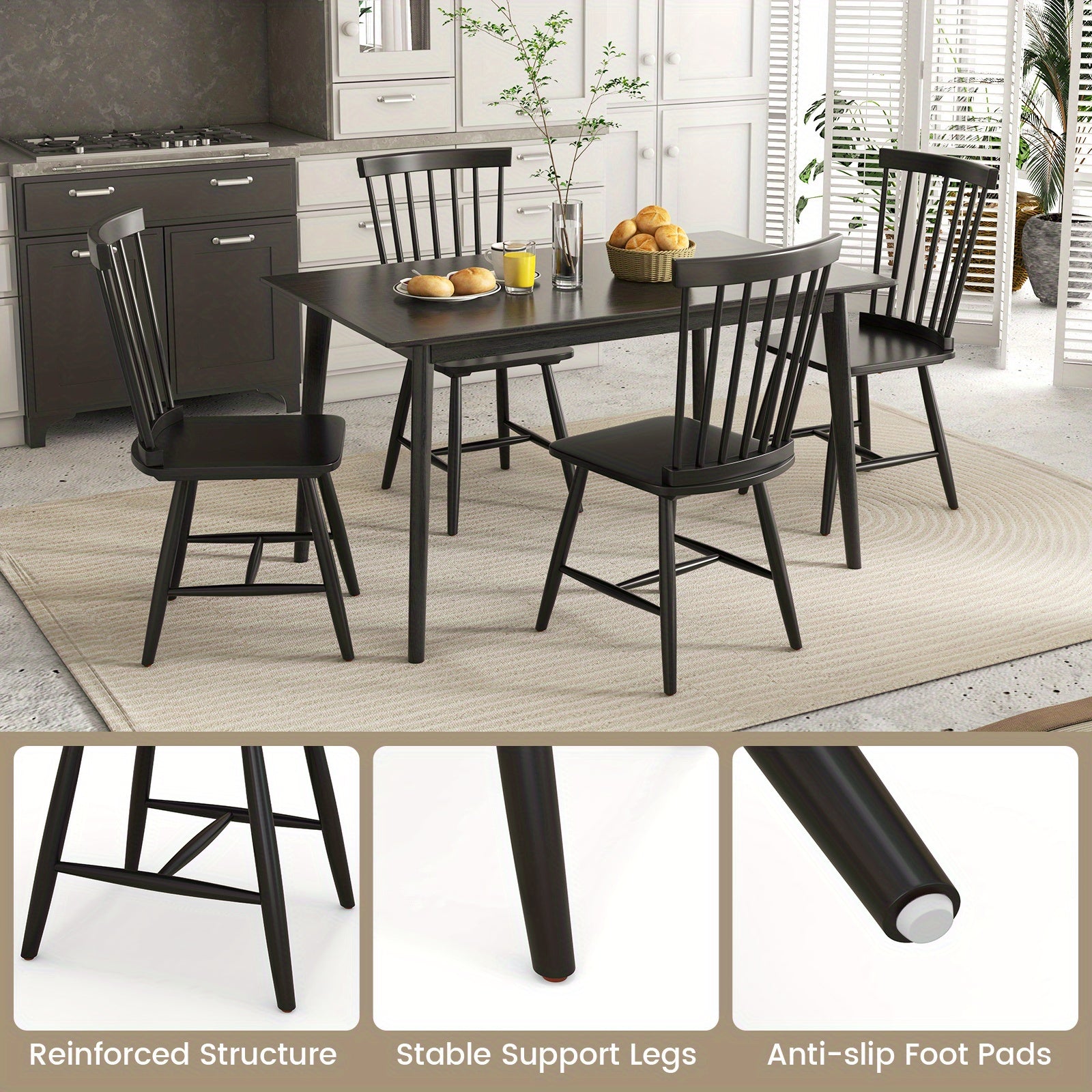 Windsor Dining Chairs Set of 2 Armless Spindle Back Solid Rubber Wood Black