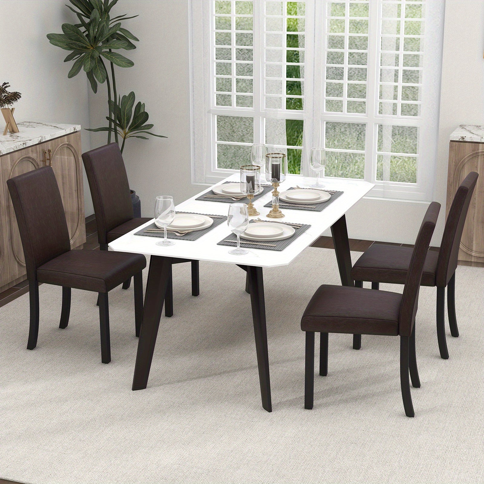 Dining Chair Set of 4 w/ Acacia Wood Frame & Rubber Wood Legs Padded Backrest