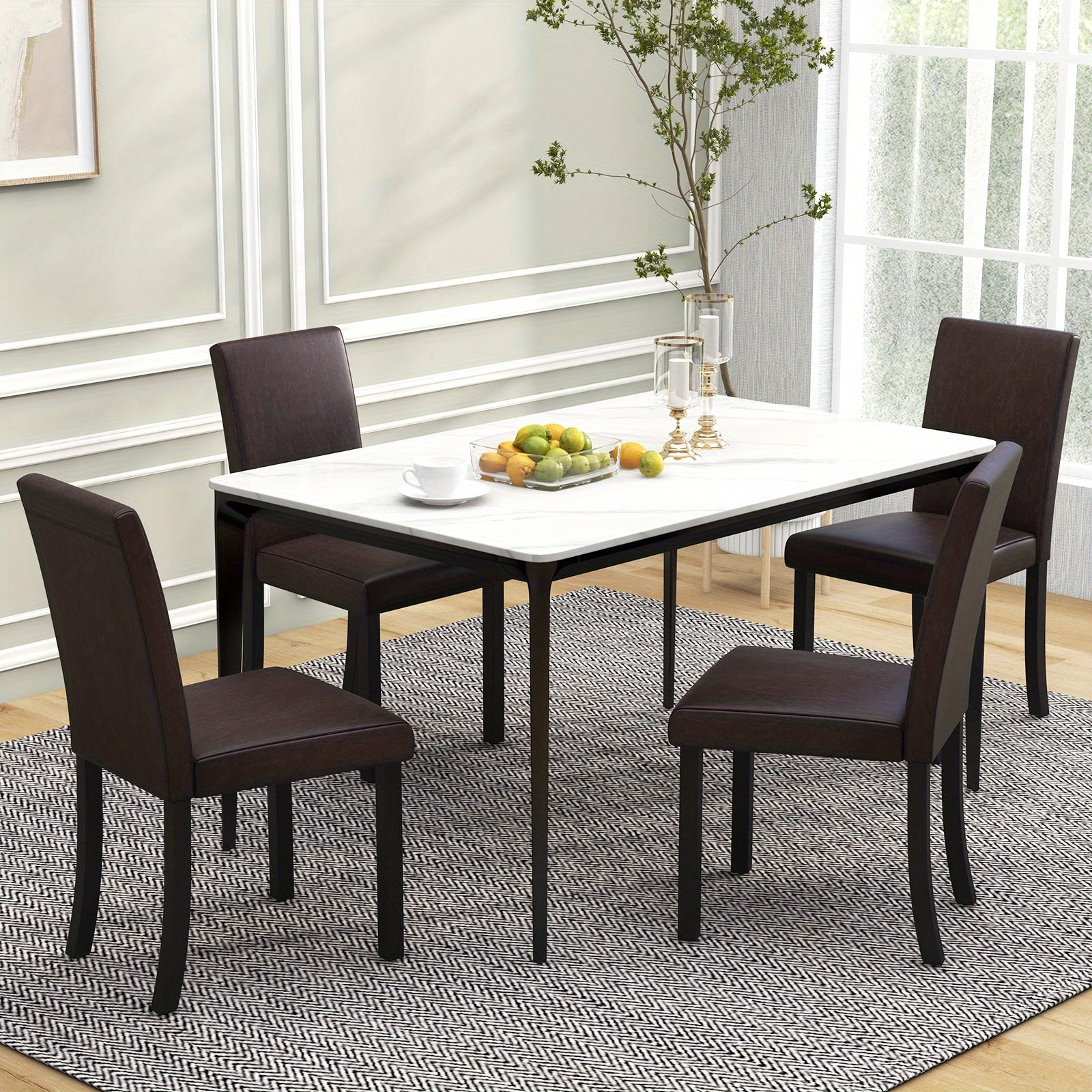 Dining Chair Set of 4 w/ Acacia Wood Frame & Rubber Wood Legs Padded Backrest