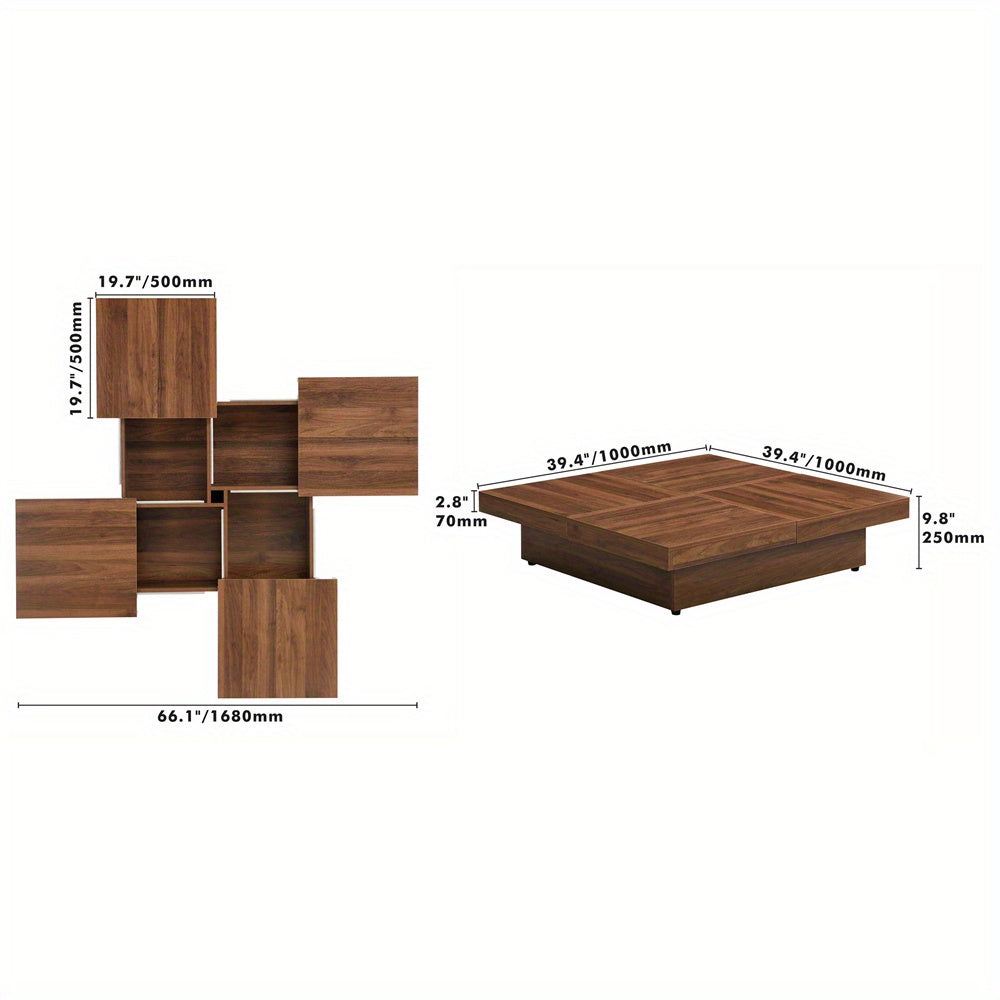 Square Marble Veneer Coffee Table Sliding Top with Storage in Walnut