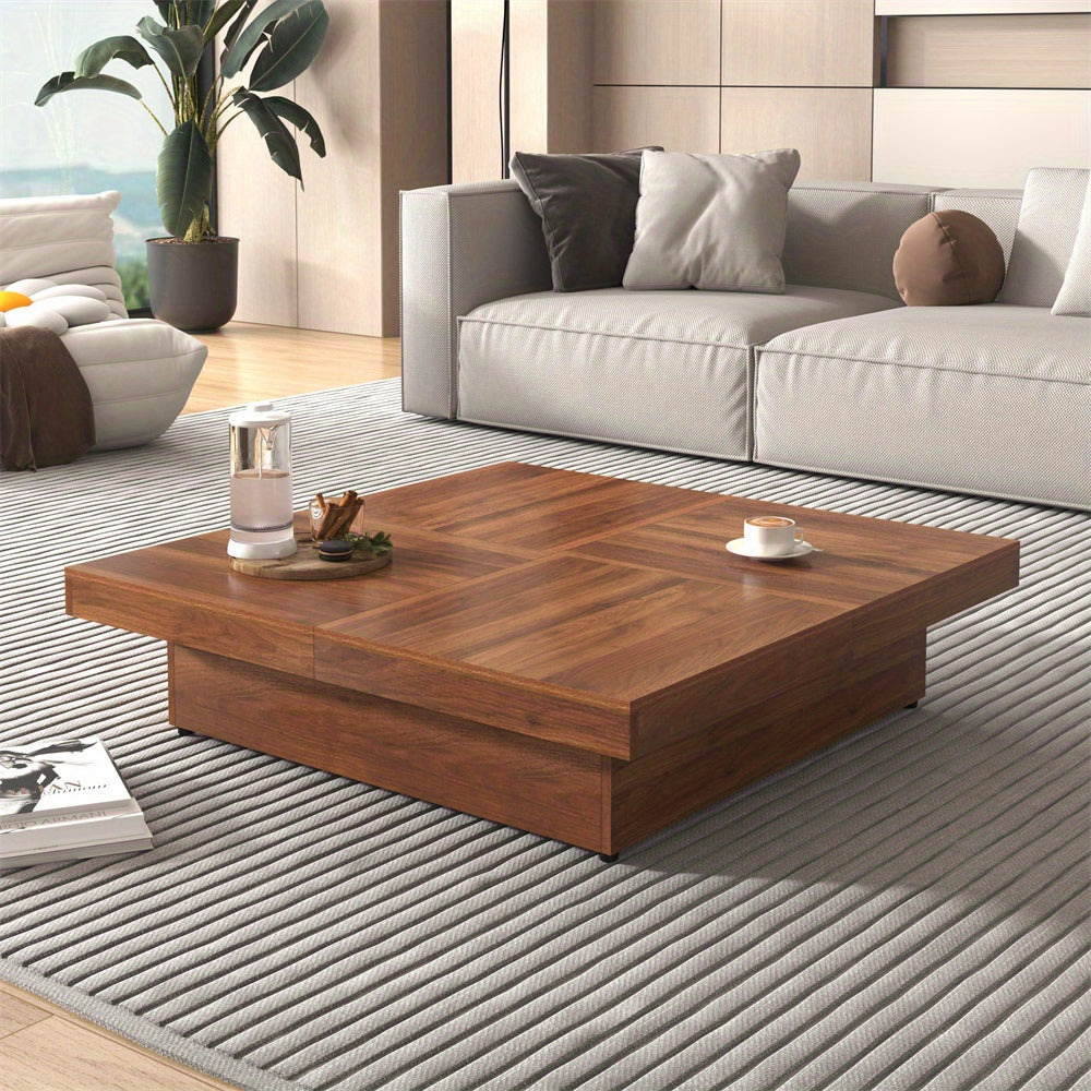 Square Marble Veneer Coffee Table Sliding Top with Storage in Walnut