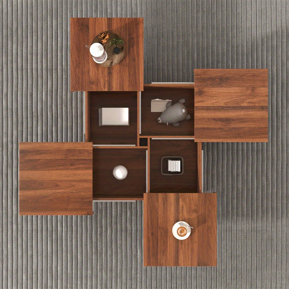 Square Marble Veneer Coffee Table Sliding Top with Storage in Walnut