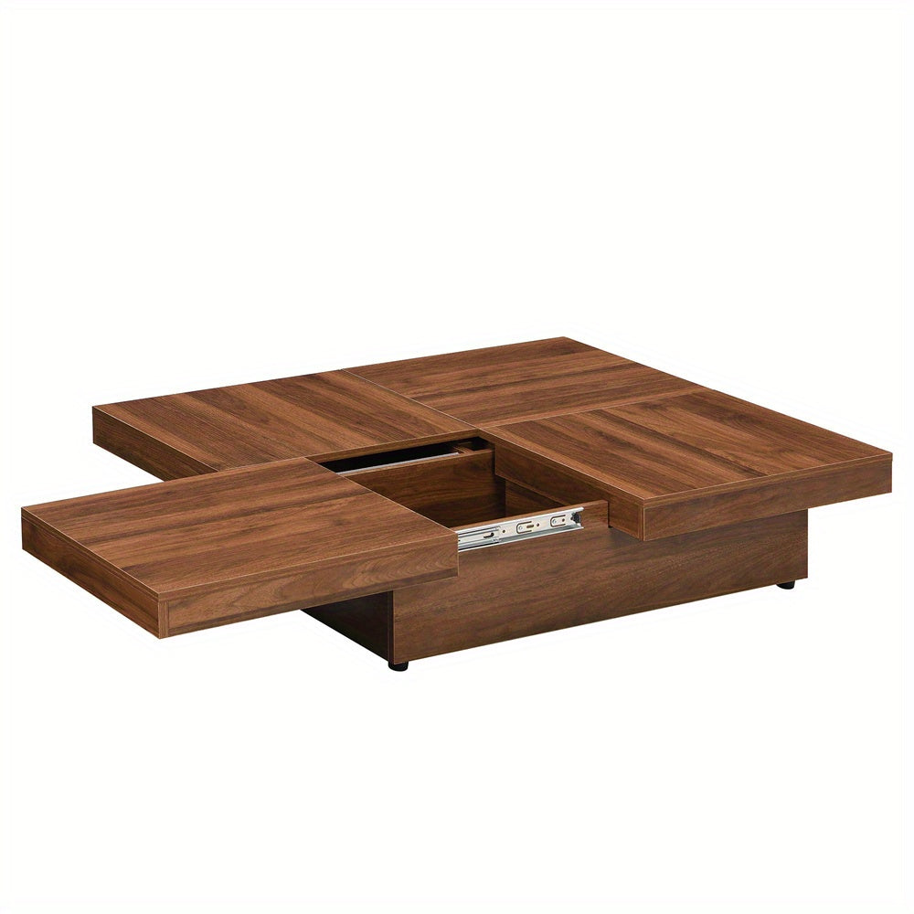 Square Marble Veneer Coffee Table Sliding Top with Storage in Walnut