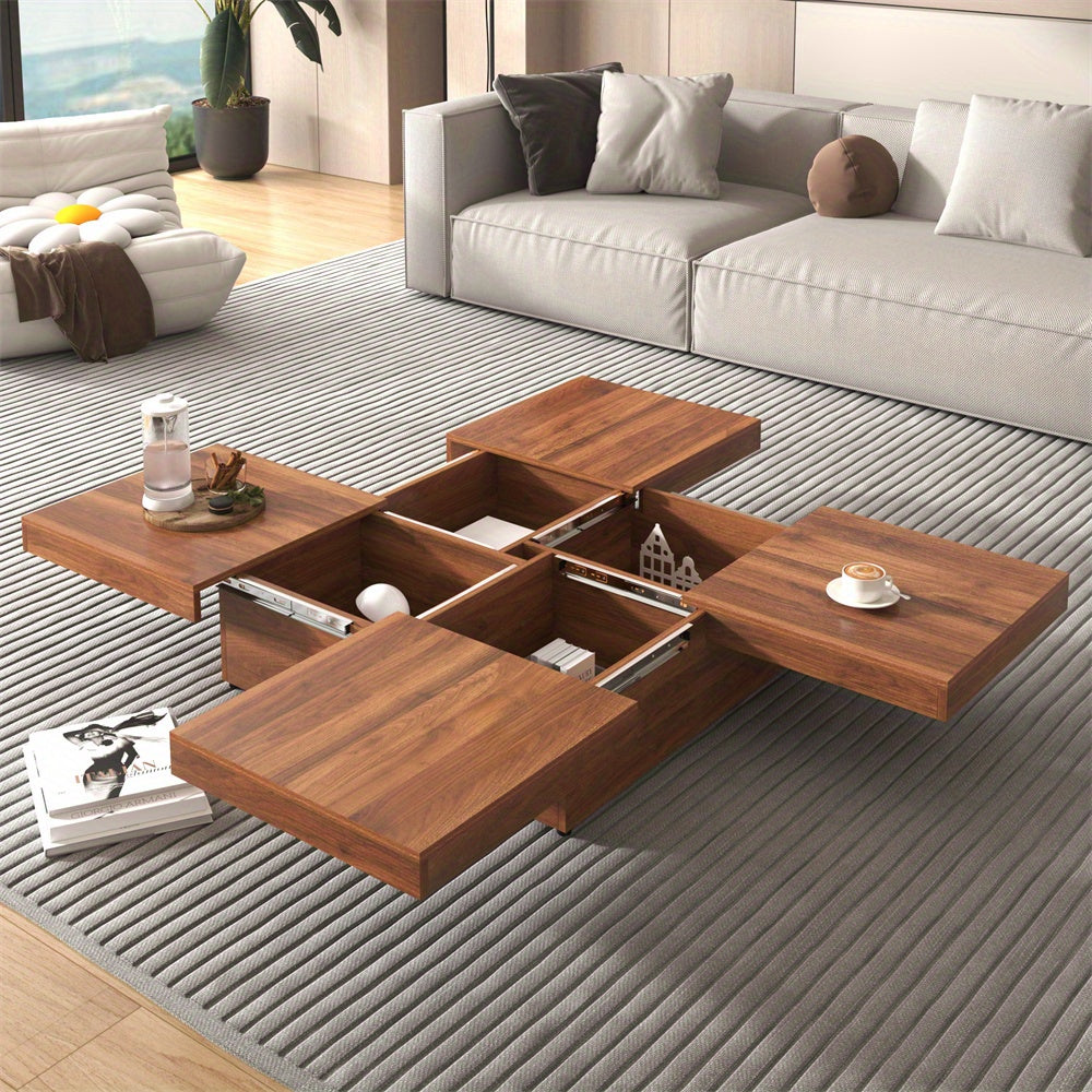 Square Marble Veneer Coffee Table Sliding Top with Storage in Walnut