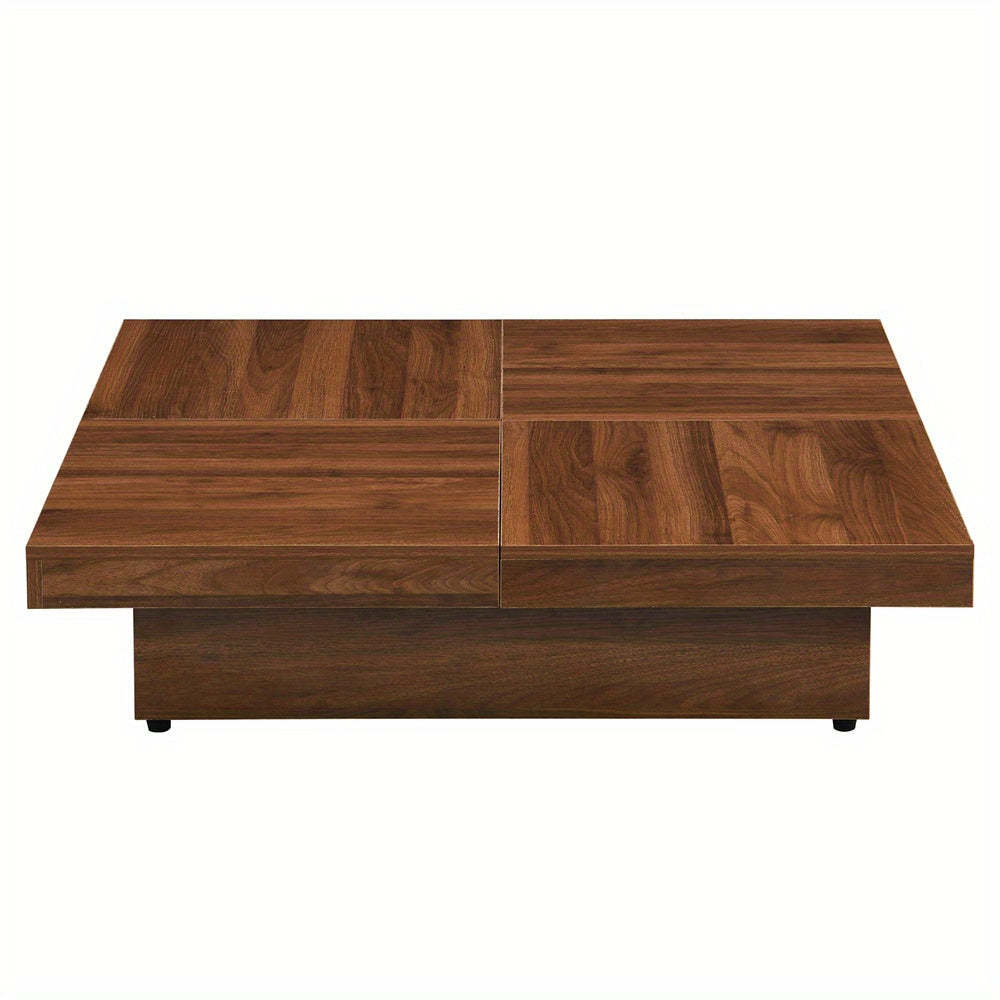 Square Marble Veneer Coffee Table Sliding Top with Storage in Walnut