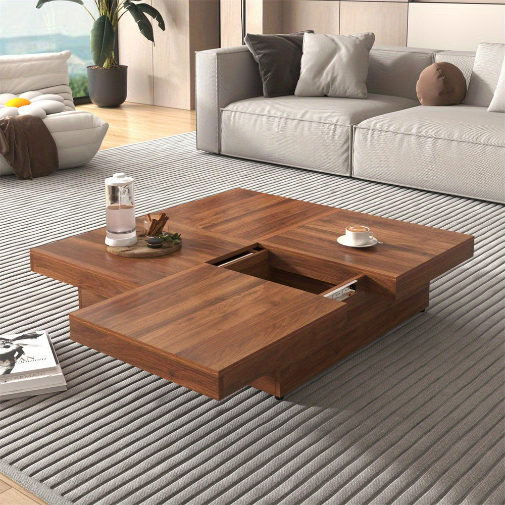 Square Marble Veneer Coffee Table Sliding Top with Storage in Walnut