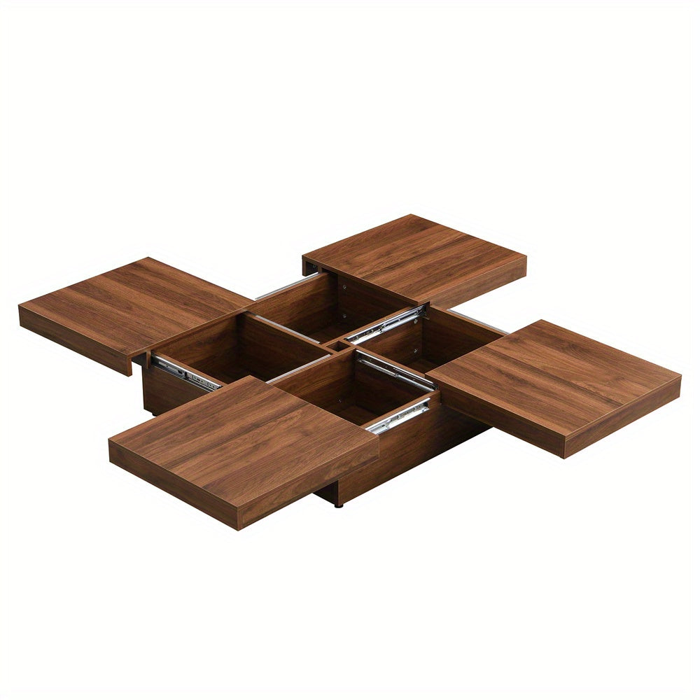 Square Marble Veneer Coffee Table Sliding Top with Storage in Walnut